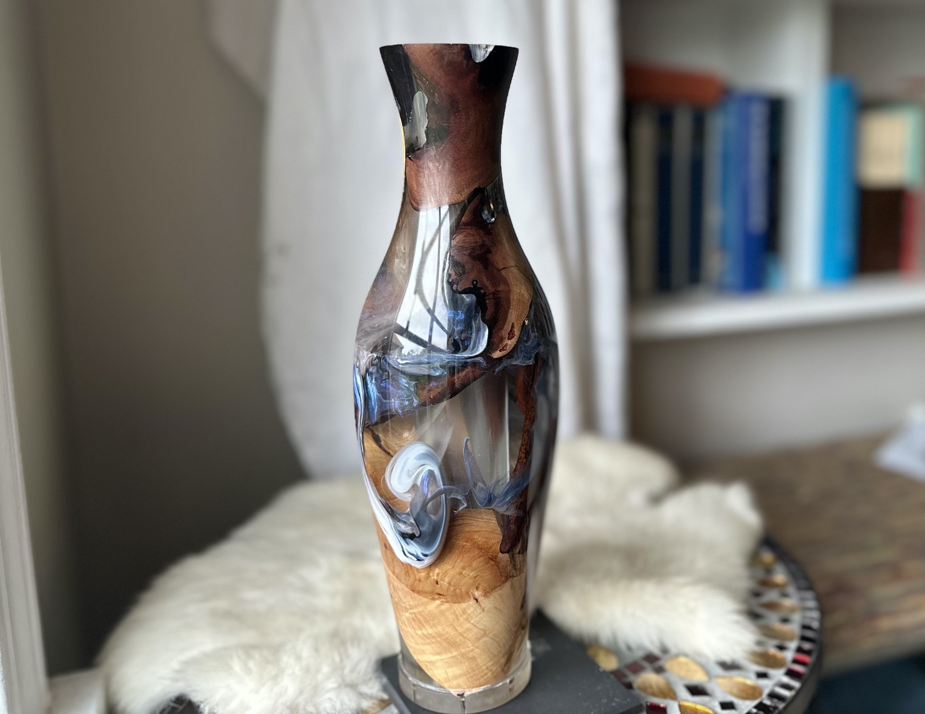 Turned sculptural wood and resin vessel