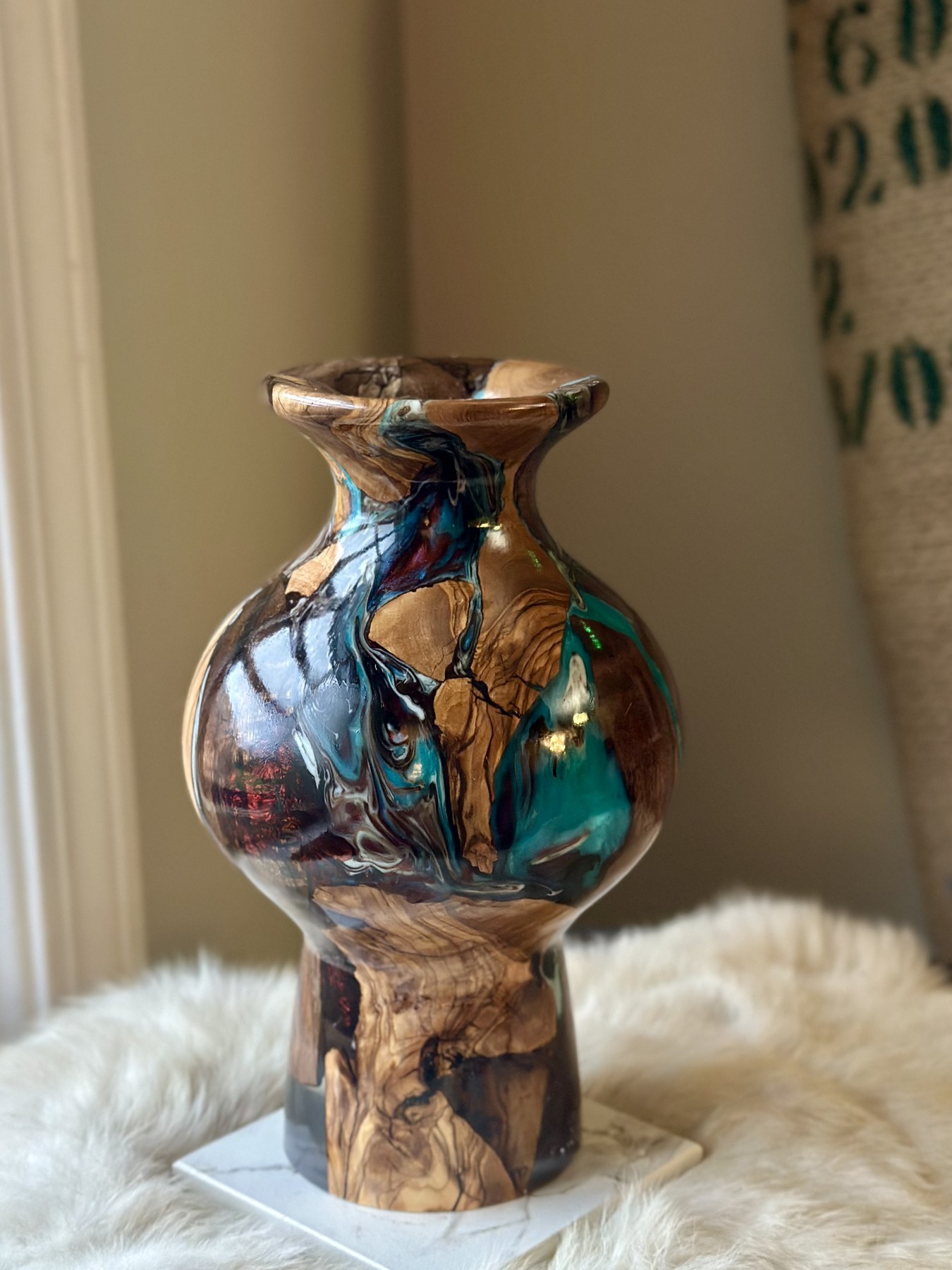 Alternate view of a custom wood and resin sculptural form